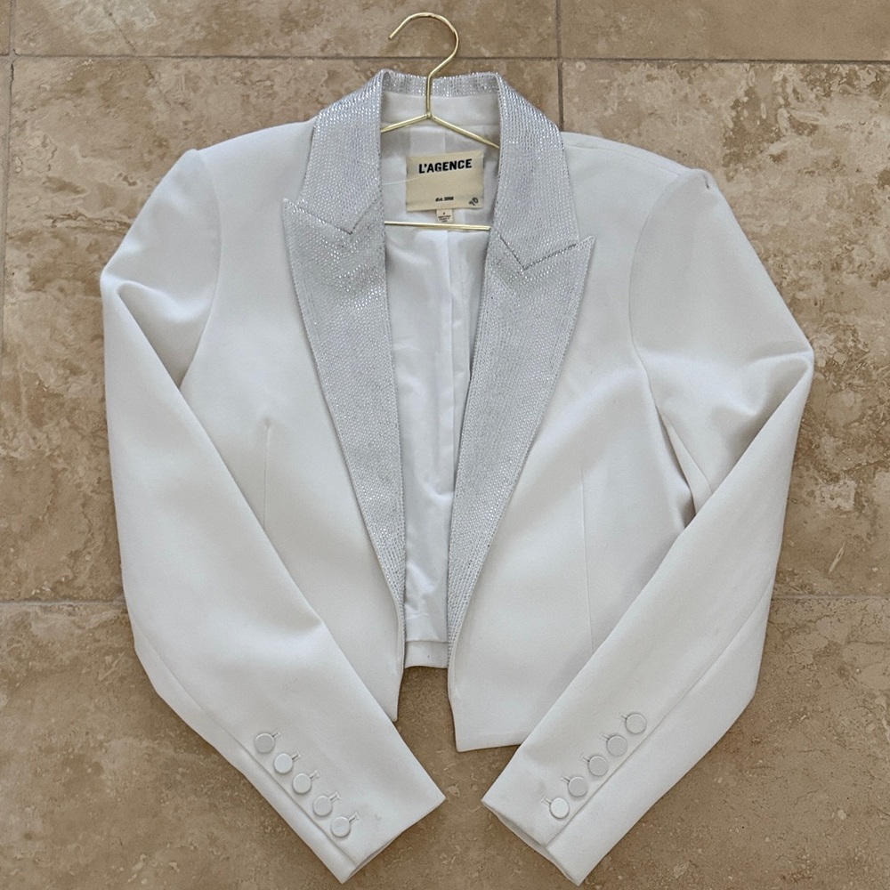 L'AGENCE Jen White Cropped Blazer with Sparkle Shawl Lapel
